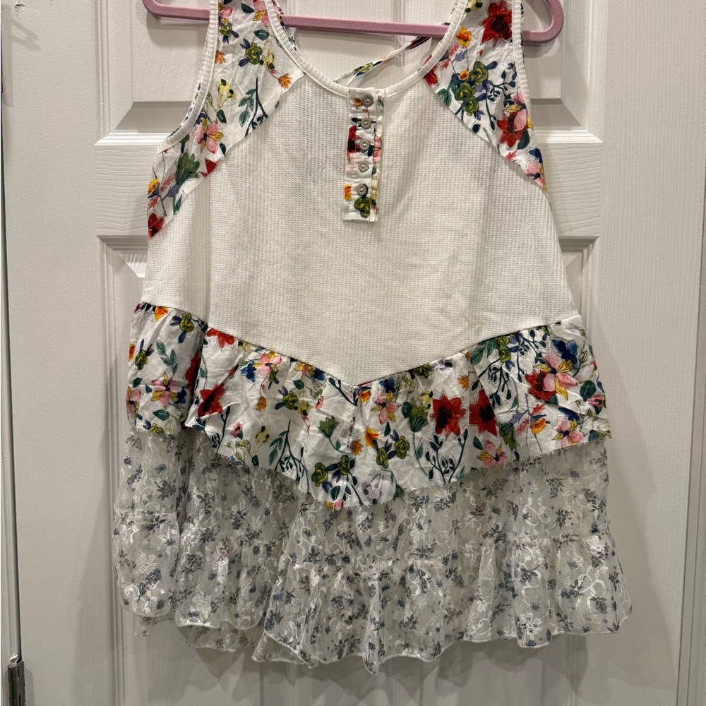 Anthropologie POL Womens Floral Ruffle Top - White and Multicolor